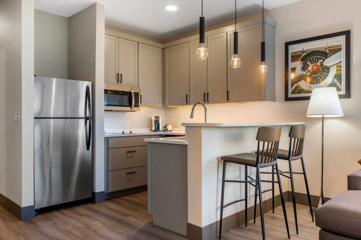 a kitchen with a bar and stools